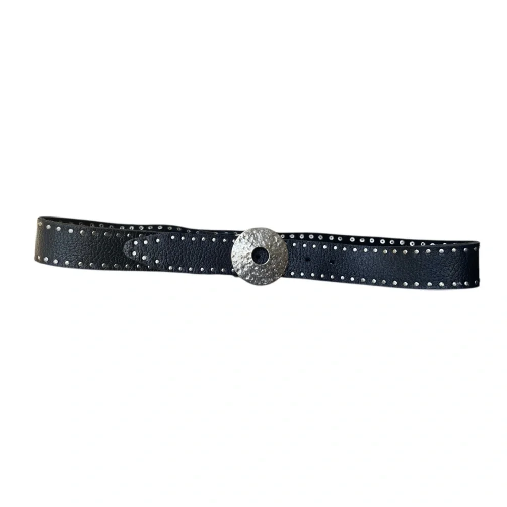 VTG ARTISAN CRAFTED Black Leather Hammered Wheel Double Rivet Leather Belt 32-36 - Picture 6 of 10